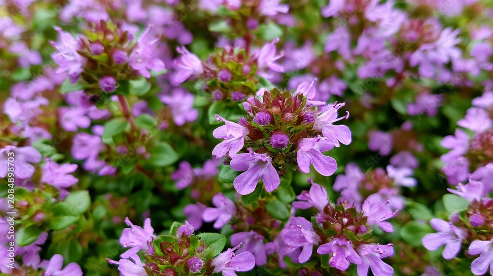 Obraz premium Creeping Thyme Flowers in Garden - Soft Colors Botanical Background