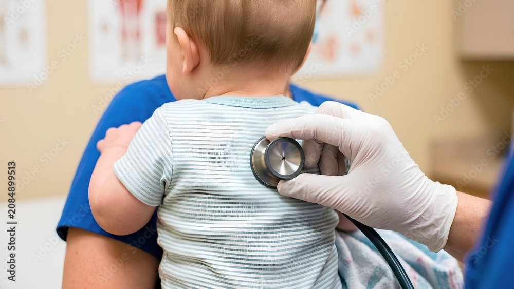 Fototapeta premium Pediatrician Examining Baby Lungs with Stethoscope in Clinic