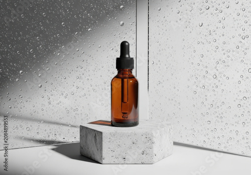 Amber glass dropper bottle on a hexagonal concrete pedestal in a wet environment with water droplets.