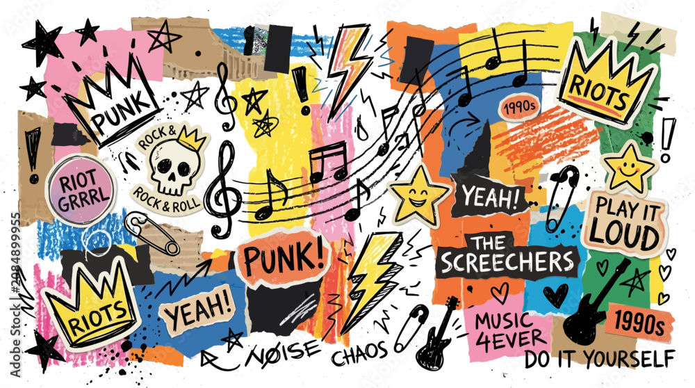 Fototapeta premium Dynamic vector illustration capturing punk rock and grunge aesthetic, a lively collage of music, art, and rebellion