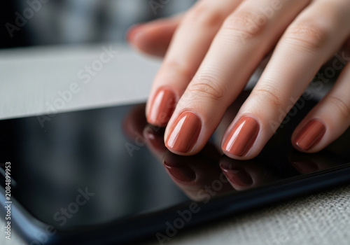 Close up of womans hand with elegant terracotta manicure resting on screen of black smartphone on gray textured surface in soft natural lighting.