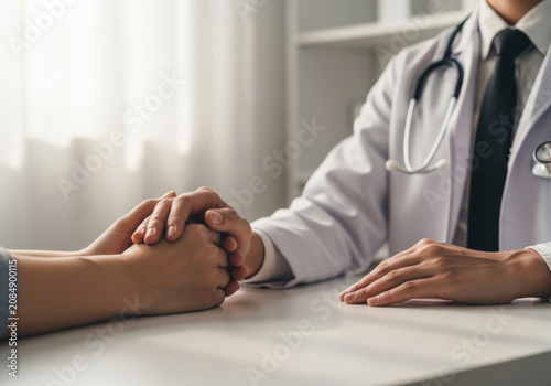 Compassionate male doctor in white lab coat holding patient hands during medical consultation showing support and empathy in clinic setting.