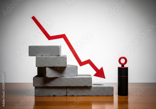 Conceptual image of business failure showing red arrow pointing down over stack of grey concrete bricks on wooden desk with isolated object.