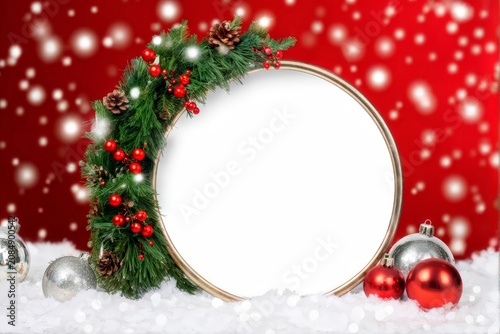 Charming Holiday Wreath Display: Festive Red Backdrop with Snowflakes and Ornamented Treasures
