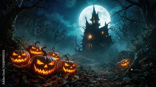 3D rendering of a scary Halloween night featuring glowing pumpkins and a spooky witch house.