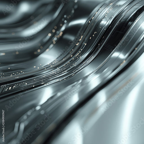 Abstract Metallic Flow: A stunning abstract visualization of flowing metallic waves, interspersed with subtle light particles, creating a sense of modern technology and intricate design.