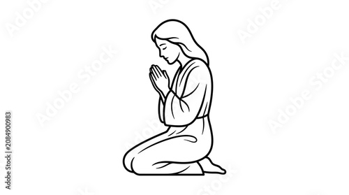 Obraz na płótnie Woman praying kneeling, religious devotion, peaceful faith symbol, line art illu
