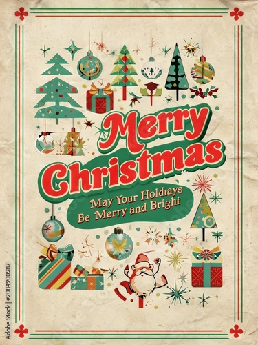 Merry Christmas: Vintage Design Poster Featuring Trees, Gifts, Stars, Snowflakes, Holly Berries, Candy Canes & Motivational Message 'May Your Holidays Be Merry and Bright'