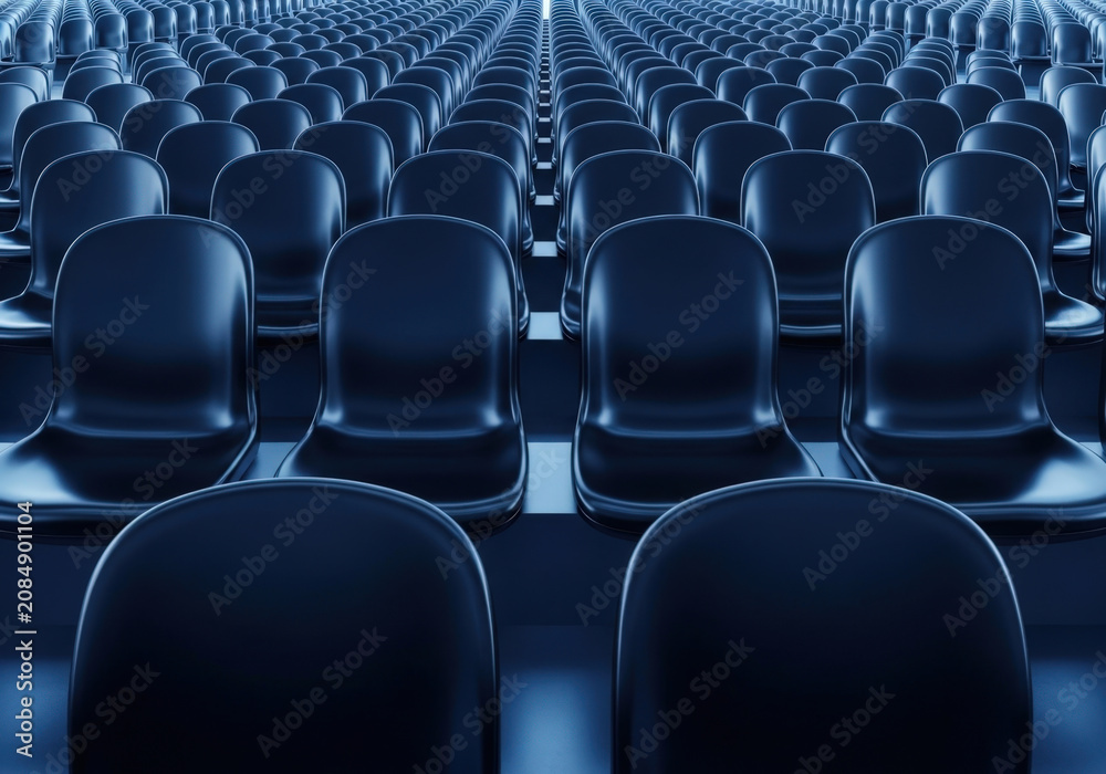 Naklejka premium Empty blue plastic seats arranged in rows in large auditorium or stadium creating repetitive geometric pattern and symmetrical visual perspective.