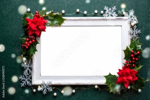 Charming Holiday Decor: Red Poinsettias and Green Holly Leaves Adorned in a Classic White Picture Frame