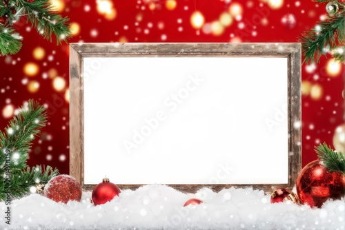 Silent Night: Centered Wooden Frame Adorned with Red Background, Featuring Vibrant Christmas Decorations of Pine Branches, Ornaments, and Snowy Scenes