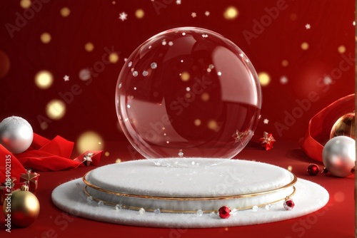 Journey of Joy: A Festive Backdrop Featuring a Majestic Transparent Red Orb atop an Ornamented Platform
