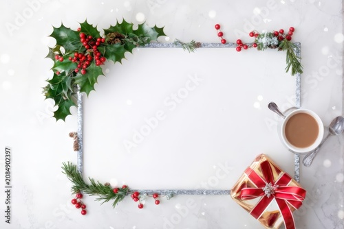 Joyful Jingle: A Captivating Holiday Snapshot Featuring Warm Cappuccino, Festive Decorations, and Treasured Gifts for the Season