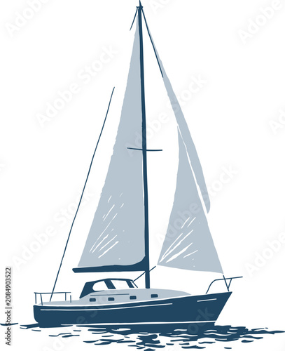 Blue sailboat sailing on the ocean waves. Vector illustration.