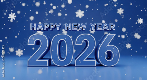 Three dimensional blue happy new year twenty twenty six text with sparkling snowflakes falling isolated on deep dark blue background for festive event.