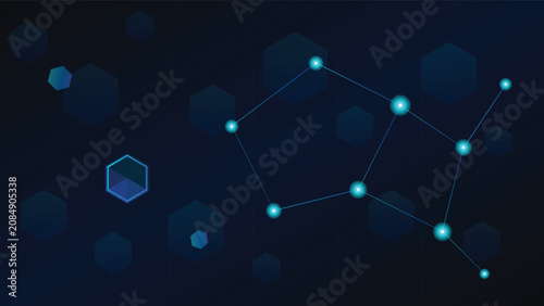 Abstract futuristic vector background featuring glowing blockchain nodes and hexagons, perfect for fintech websites and cryptocurrency landing pages
