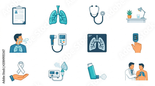 Medical icons representing respiratory health and diagnostics.
