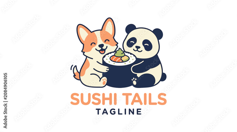 Fototapeta premium Corgi and panda cartoon characters holding large sushi roll logo