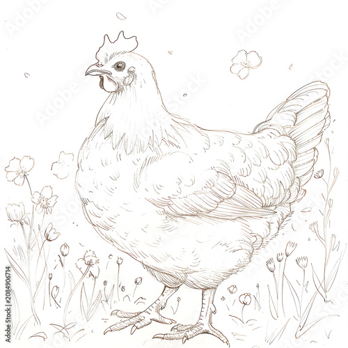 Black and white line drawing of a hen standing among flowers. Hand drawn sketch of farm poultry in a meadow. Vintage style agricultural illustration