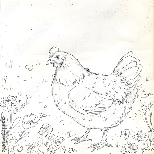 Line drawing of a hen standing in a flower garden. Black and white sketch of farm poultry and blooming flora. Hand drawn rustic agricultural illustration