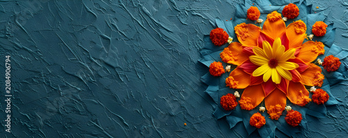 Top view of a colorful floral rangoli on a dark blue textured background. Traditional Indian Diwali festival decoration flat lay. Copy space for text