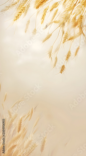 Vertical minimalist background with soft golden wheat stalks framing the corners. Delicate agricultural harvest concept on pale beige. Copy space for text