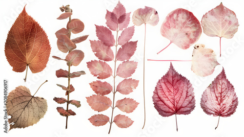 Flat lay collection of autumn leaves isolated on white background. Dusty rose and pink dried foliage set. Top view of botanical elements