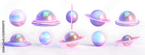 Iridescent 3D planets and UFO shapes set. Holographic pearlescent spheres with rings isolated on white background. Futuristic cosmic design elements
