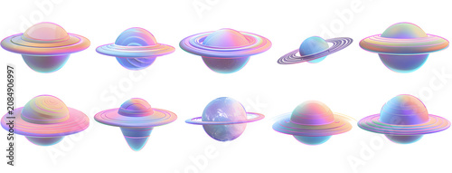3D iridescent planets with rings collection. Holographic cosmic spheres isolated on white background. Futuristic space design elements set