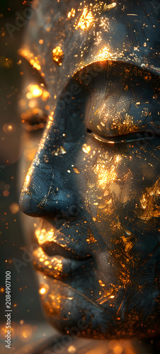 Vertical close up profile of a Buddha statue face with glowing golden particles. Magical spiritual awakening and divine energy concept