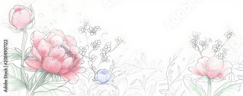 Hand drawn pink peony flowers and buds on white background. Floral sketch illustration with watercolor texture. Wide banner for wedding invitation or greeting card