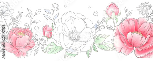 Horizontal floral border with pink watercolor flowers and line art. Botanical illustration of blooming peonies and leaves on white background. Elegant frame for wedding invitation or greeting card