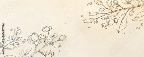 Vintage floral sketch on beige textured paper background. Hand drawn botanical line art of branches and buds. Minimalist border template with copy space for text
