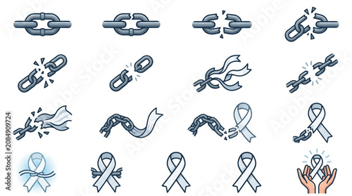 Foto Set of icons representing broken chains and awareness ribbons.