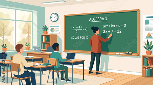 Algebra lesson in a bright classroom with students learning mathematics from a teacher at the