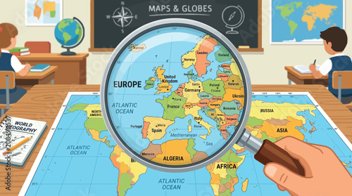 Children learning geography exploring Europe and beyond with maps and magnifying glass