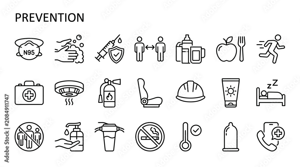 Fototapeta premium Comprehensive Collection of Seventy Health Prevention Line Icons Featuring Medical Care Safety Protection Symbols and Wellness Graphics Editable Stroke Vector Illustration Set on White