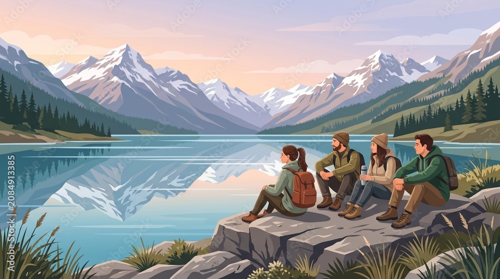 Fototapeta premium Group of diverse friends hiking together, sitting on a rocky ledge overlooking a scenic mountain lake, celebrating friendship, outdoor bonding concept.