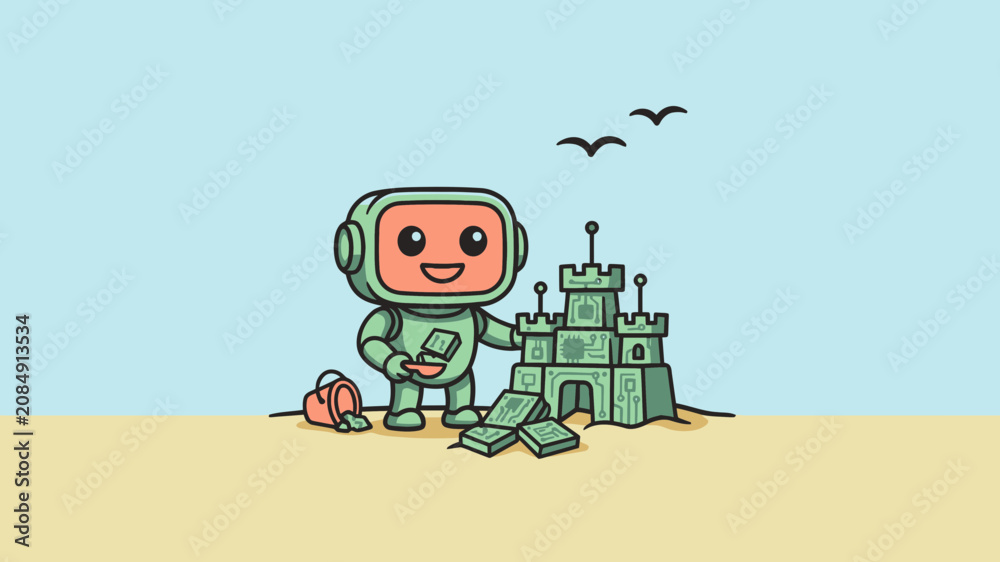 Fototapeta premium Cute green android constructing a futuristic sandcastle from electronic circuit components on a sunny beach, blending organic nature with advanced digital technology