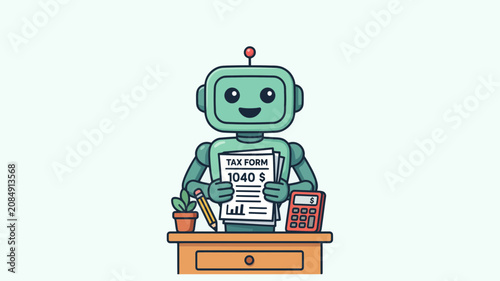 Automated robotic accountant processing a tax form with a calculator and pencil on a wooden desk, illustrating the concept of financial automation and efficiency