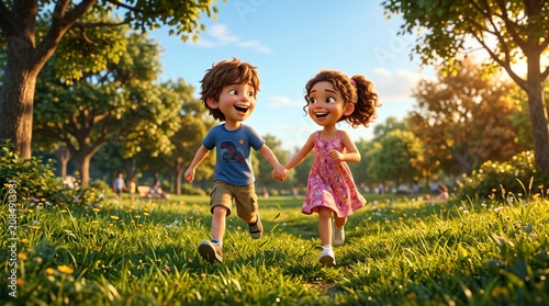 Happy cartoon boy and girl running hand-in-hand through a sunlit grassy park, celebrating friendship, childhood joy, outdoor play, vibrant 3D animated character style.