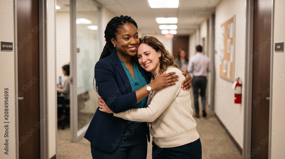 Fototapeta premium Diverse female colleagues hugging warmly in an office hallway, celebrating Friendship Day, workplace support, and professional female friendship.