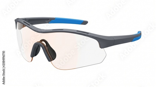 Professional 3D Render of Sport Protective Eyewear with Grey Frame and Blue Accents Isolated on White Background
