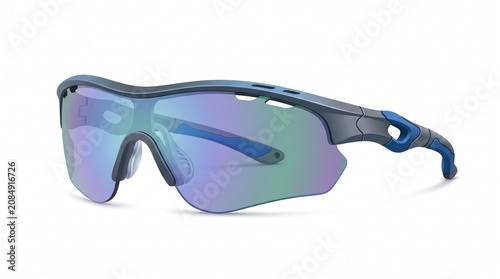 Modern athletic protective sports sunglasses with blue frame and iridescent purple lenses isolated on white background