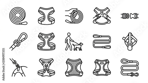 Quadro su tela Collection of dog walking accessories and harnesses line art icons