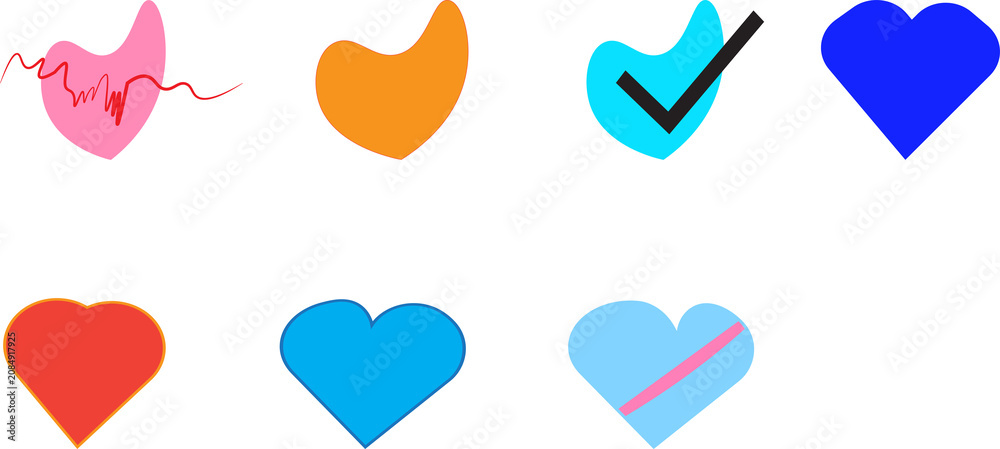 Obraz premium Colorful Heart Shape Icon Set with Abstract Medical Pulse and Checkmark Symbols