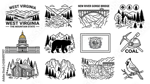Foto West Virginia Icons: Mountains, Bridge, Capitol, Bear, Coal, Cabin, Cardinal