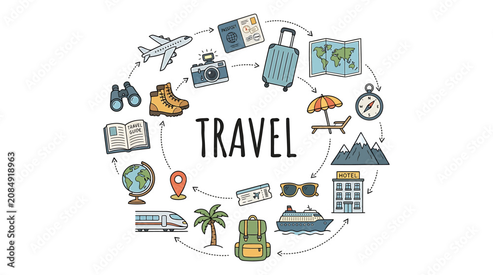 Fototapeta premium Hand drawn travel icons arranged in a circle around the word travel, featuring suitcase, airplane, camera, and other vacation elements