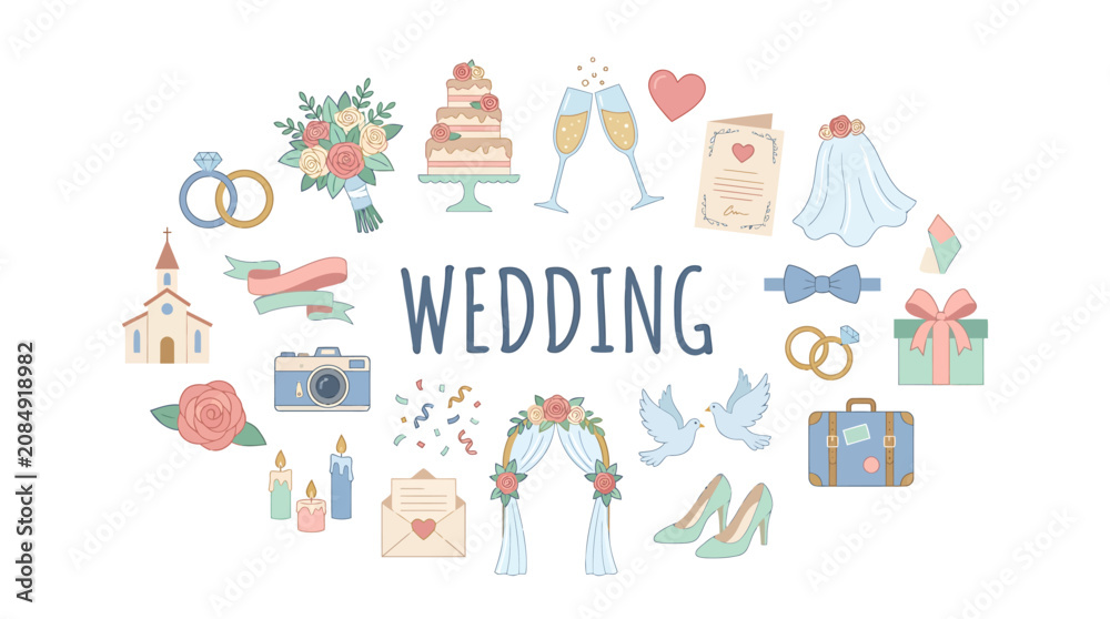 Obraz premium Hand Drawn Wedding Celebration Elements Collection Featuring Romantic Marriage Symbols and Festive Marriage Ceremony Accessories Vector Illustration Set