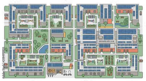 Sustainable Housing Co-op Aerial Illustration with Solar Panels